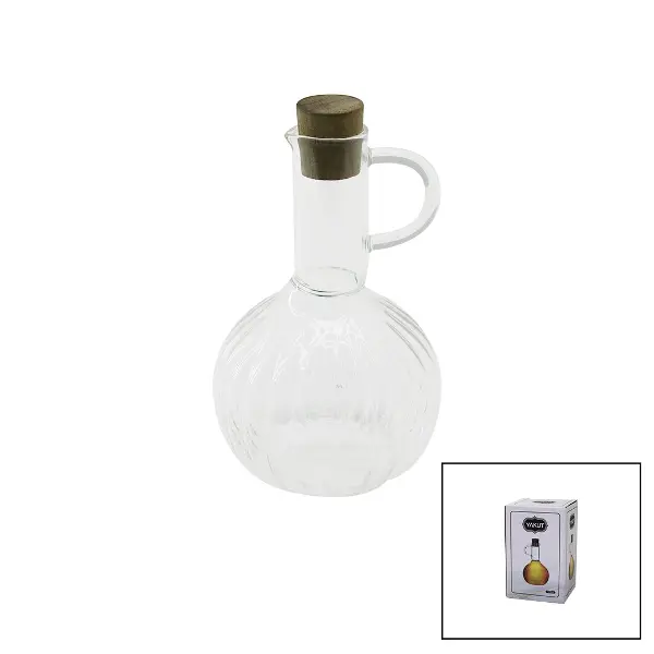 MİNİ CAM YAĞDANLIK ÇİZGİLİ DESEN 300ML AHŞAP BAMBU MANTAR TIPA (4745)