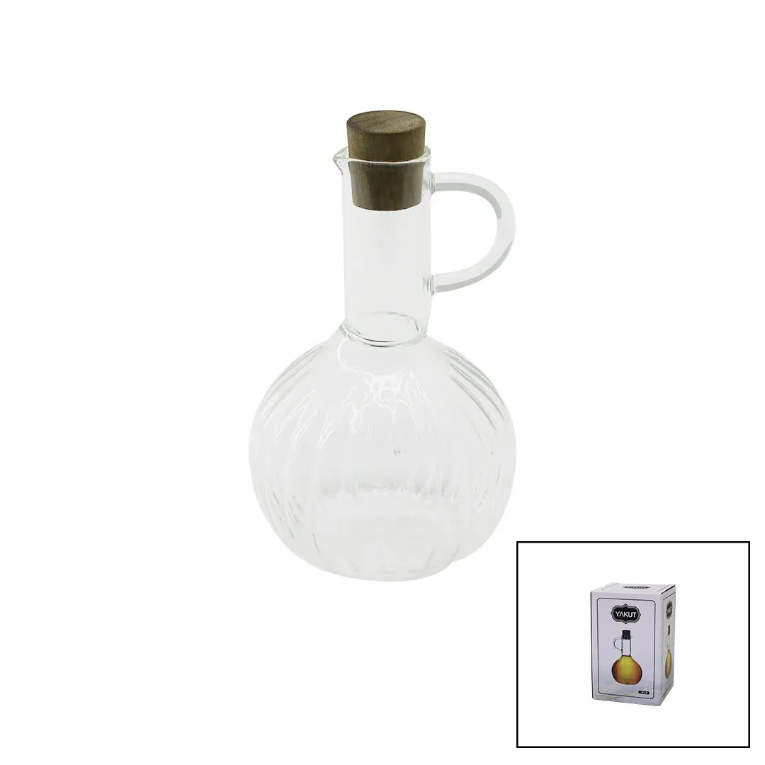 MİNİ CAM YAĞDANLIK ÇİZGİLİ DESEN 300ML AHŞAP BAMBU MANTAR TIPA (4745)
