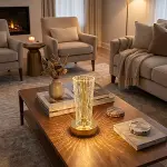 Silindirik Kristal Nokta Model LED Masa Lambası – Gold Tabanlı, Dokunmatik, 3 Renk Işık Modlu, Şarjlı Modern Dekoratif Gece Lambası (4745)-2