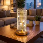 Dalgalı Silindirik Kristal Kareli Model LED Masa Lambası – Gold Tabanlı, Dokunmatik, 3 Renk Işık Modlu, Şarjlı Modern Dekoratif Gece Lambası (4745)-2