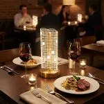 Dalgalı Silindirik Kristal Kareli Model LED Masa Lambası – Gold Tabanlı, Dokunmatik, 3 Renk Işık Modlu, Şarjlı Modern Dekoratif Gece Lambası (4745)-1