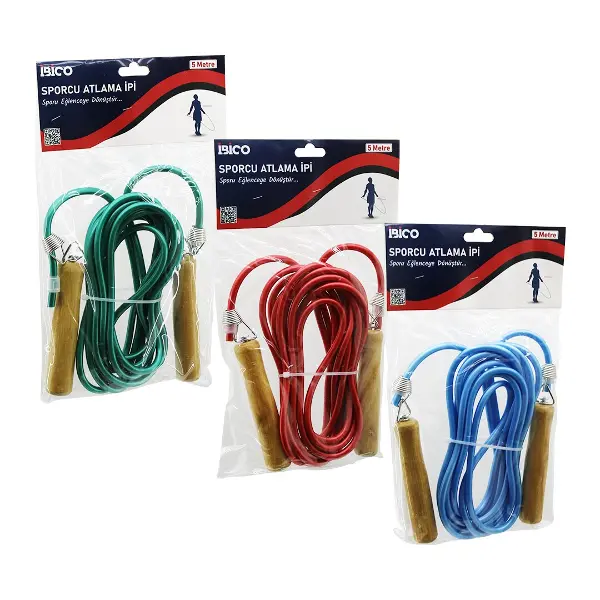 AHŞAP SAPLI PVC ATLAMA İPİ RENKLİ 5MT (4745)