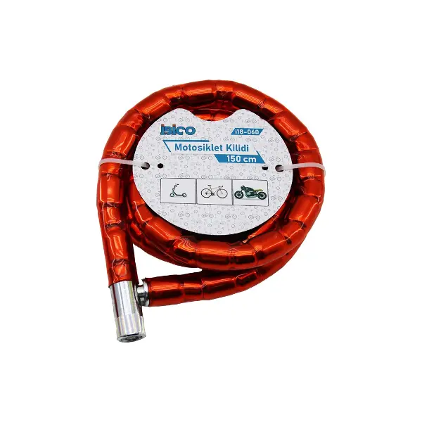 TÜP ANAHTARLI METAL KAFA ÇELİK MOTOR - BİSİKLET KİLİT SİLİNDİRİK SPİRAL KİLİT KIRMIZI KILIF22MM X 150CM (4745)