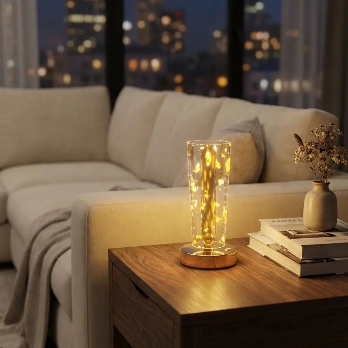Silindirik Kristal Altın Toz Model LED Masa Lambası – Gold Tabanlı, Dokunmatik, 3 Renk Işık Modlu, Şarjlı Modern Dekoratif Gece Lambası (4745)