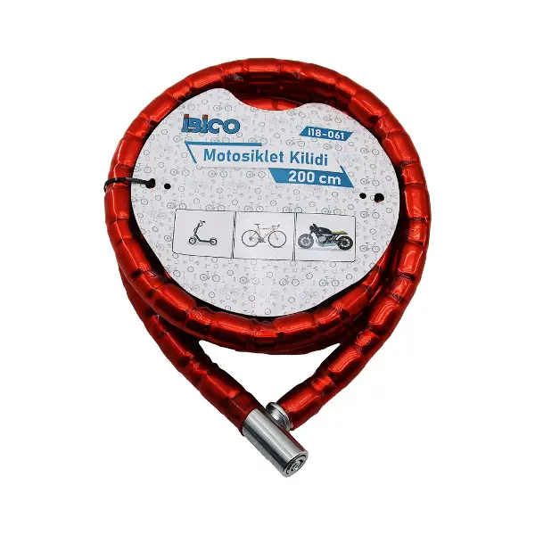 TÜP ANAHTARLI METAL KAFA ÇELİK MOTOR - BİSİKLET KİLİT SİLİNDİRİK SPİRAL KİLİT KIRMIZI KILIF22MM X 200CM (4745)