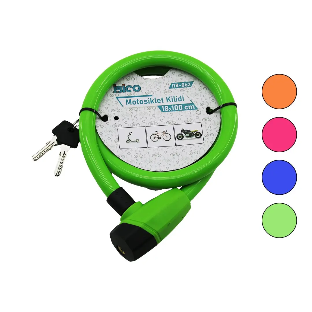 ANAHTARLI KALIN MOTOR - BİSİKLET KİLİT ÇELİK TEL RENKLİ KILIF 18MMX100CM (4745)