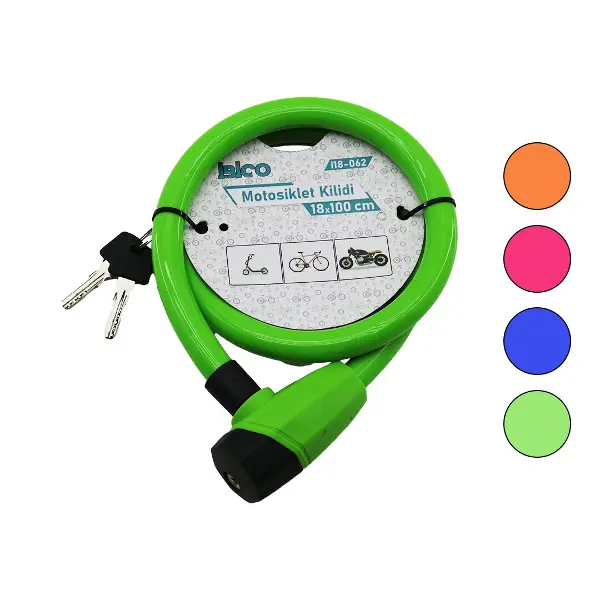 ANAHTARLI KALIN MOTOR - BİSİKLET KİLİT ÇELİK TEL RENKLİ KILIF 18MMX100CM (4745)