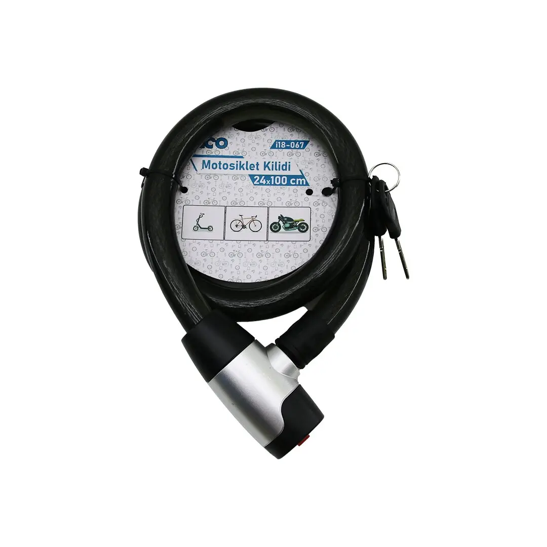 ANAHTARLI METAL KAPLAMA KAFA ÇEK-İT KİLİT KAPAK MOTOR - BİSİKLET KİLİT ÇELİK TEL SİYAH ŞEFFAF KILIF 24MMX100CM (4745)