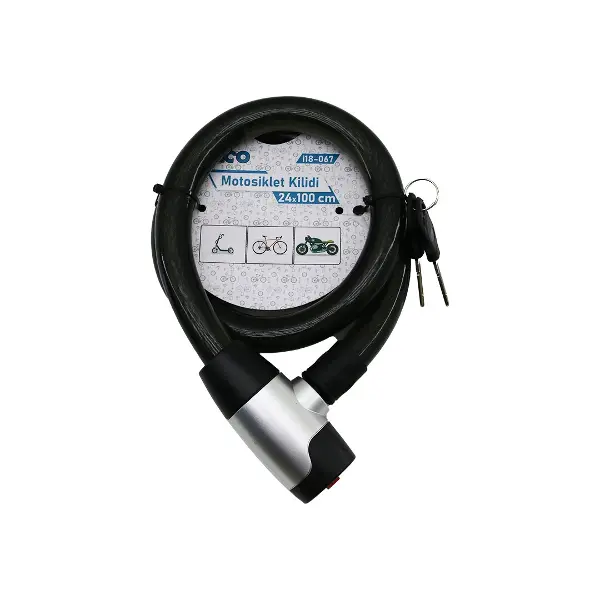 ANAHTARLI METAL KAPLAMA KAFA ÇEK-İT KİLİT KAPAK MOTOR - BİSİKLET KİLİT ÇELİK TEL SİYAH ŞEFFAF KILIF 24MMX100CM (4745)