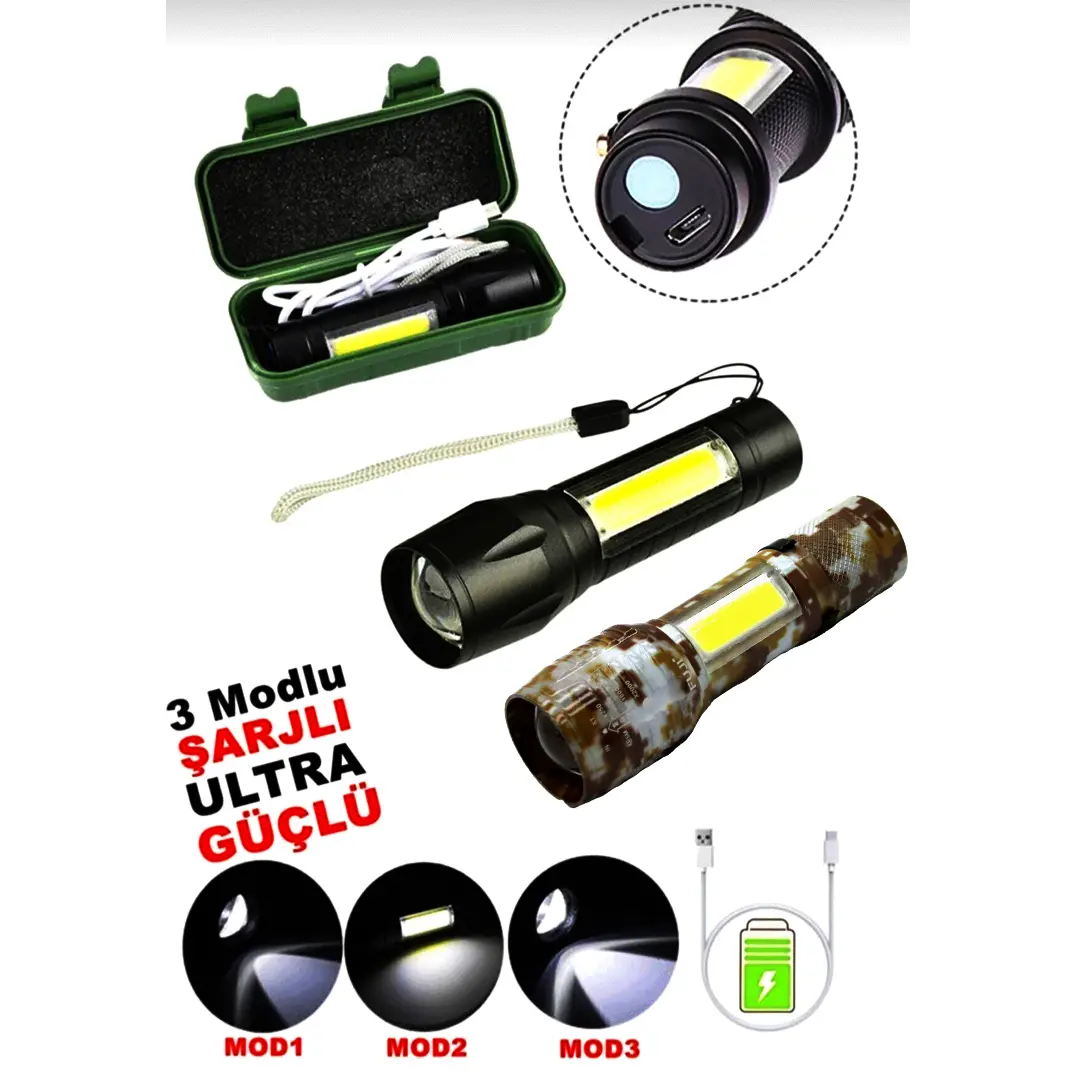 USB CHARGE 2İN13W+1W USB ŞARJLI LEDLİ POLİS EL FENERİ METAL KASA PLS.KUTU (4745)