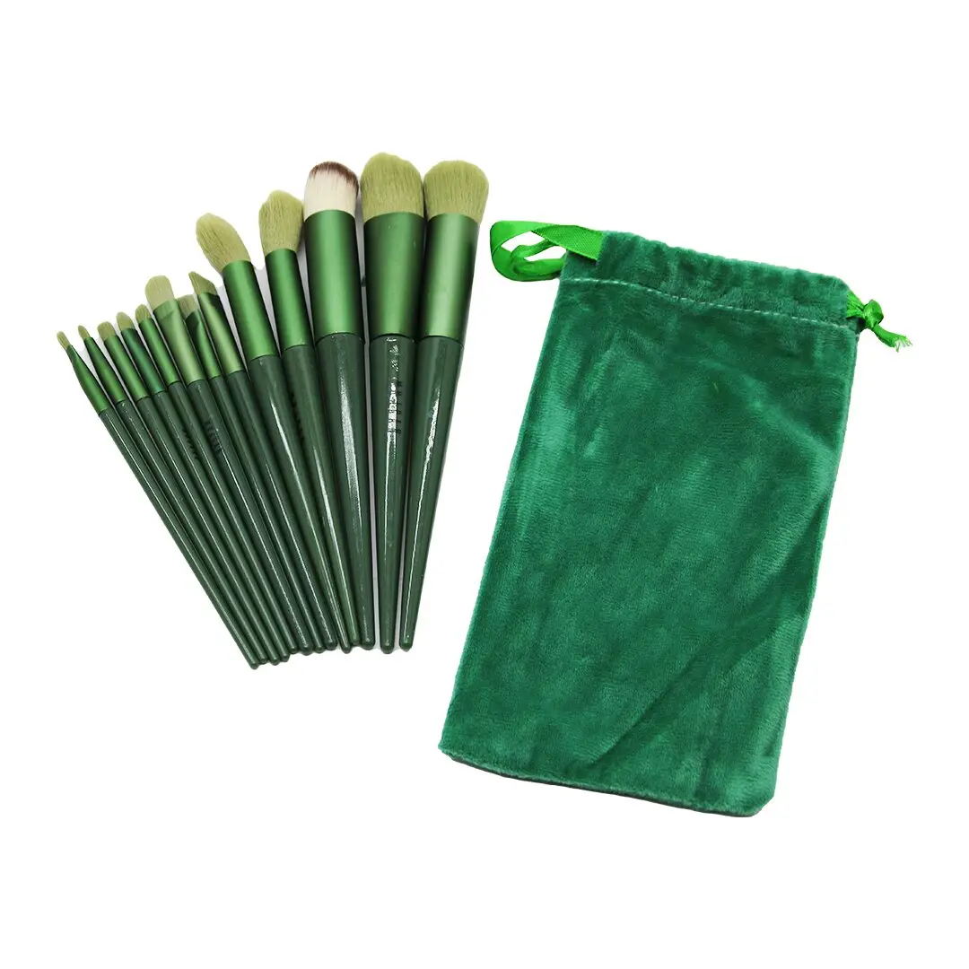 13PCS YEŞİL KADİFE TORBALI MAKYAJ FIRÇA SET (4745)