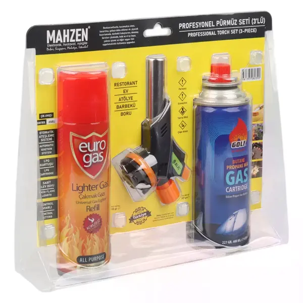 3 Parça Profesyonel Pürmüz Seti Pürmüz Torch Çakmak Başlık- Kamp Gazı 400ml- Çakmak Gazı 270 (4745)