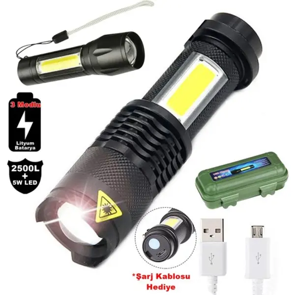 2500 Lumens + 5W COB LED USB Lion Şarjlı Ultra Güçlü Q5 XPE Su Geçirmez Şarjlı El Feneri (4745)