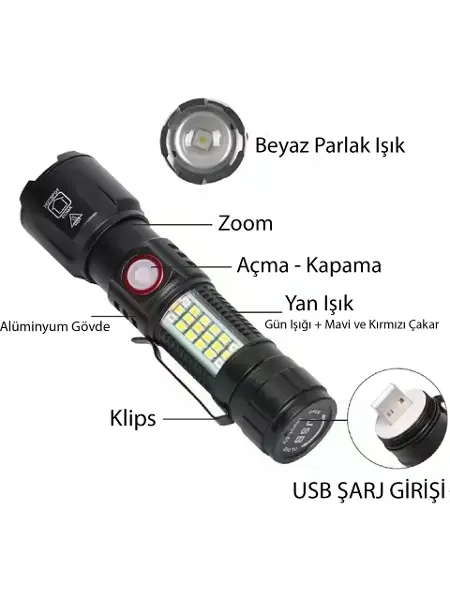 WS-2828 Ultra USB Şarjlı Polis El Feneri, Bekçi, Asker El Feneri Kırmızı Mavi Çakarlı 1000 Lümen (4745)