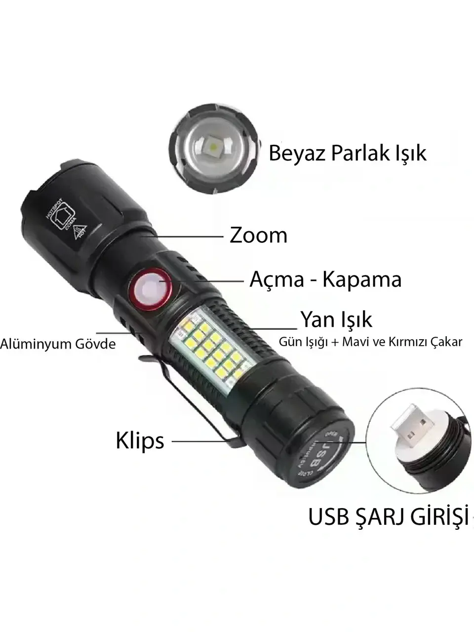 WS-2828 Ultra USB Şarjlı Polis El Feneri, Bekçi, Asker El Feneri Kırmızı Mavi Çakarlı 1000 Lümen (4745)