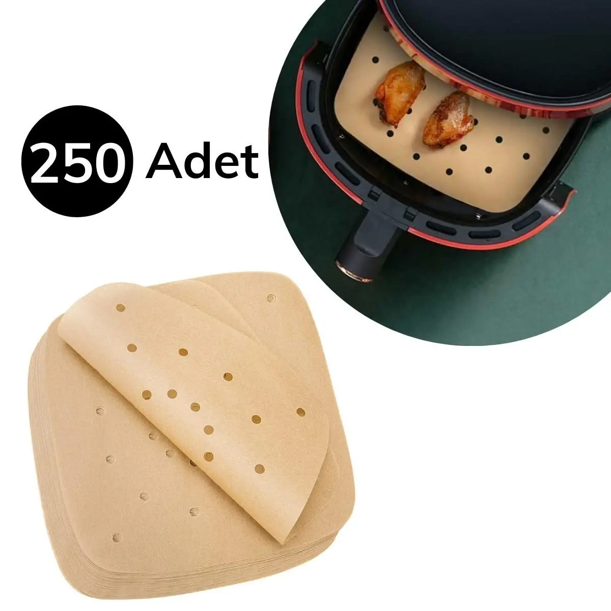 250 Adet Air Fryer Pişirme Kağıdı Tek Kullanımlık Hava Fritöz Yağ Geçirmez Yapışmaz Gıda Pişirme Kağıdı Delikli Kare Model (4745)