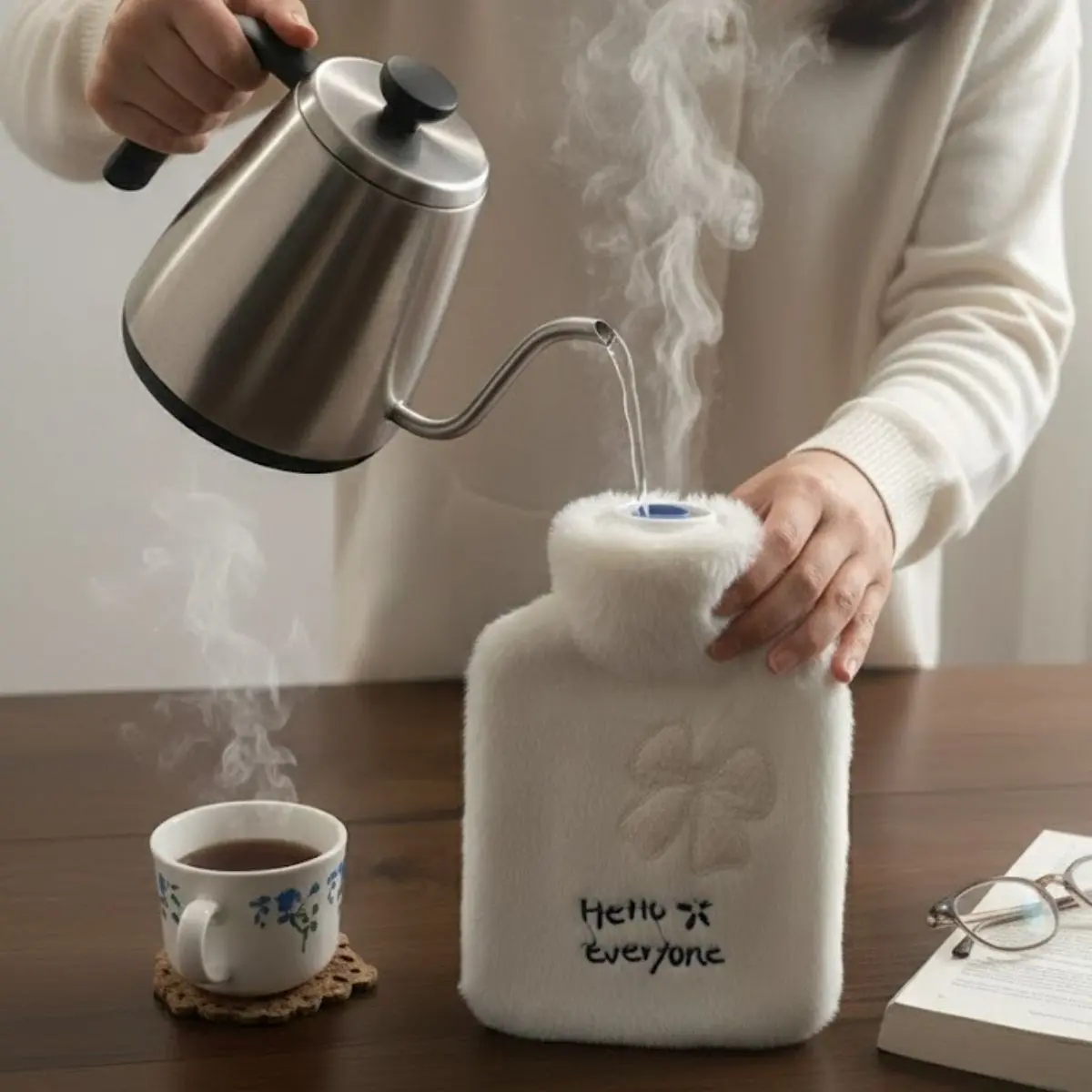 Hello Everyone Yazılı Kurdeleli Beyaz Peluş Sıcak Su Torbası 1 Lt – Yumuşak Kılıf, Uzun Süre Sıcak Tutan Termal Su Torbası (4745)-3