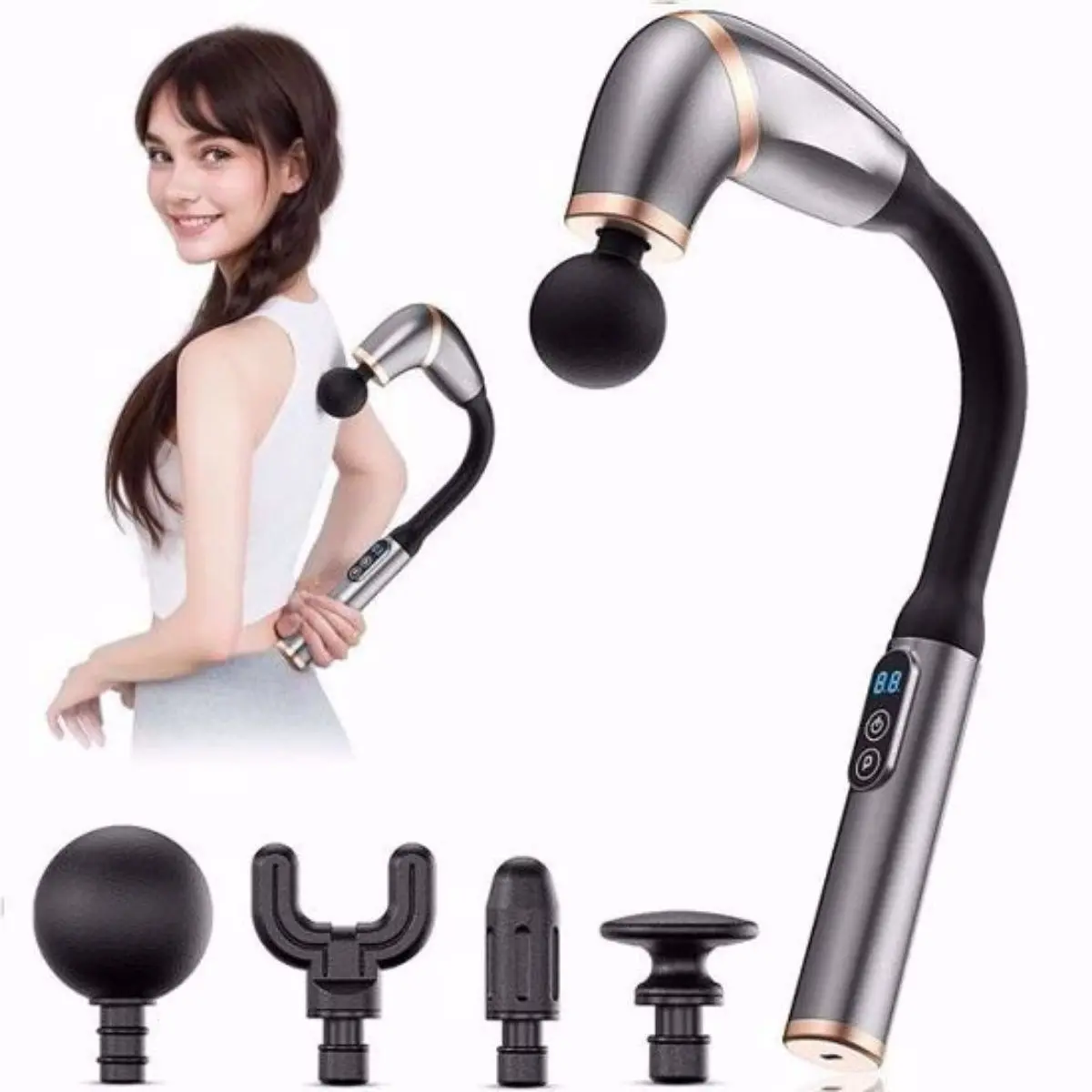 4 Farklı Başlıklı Uzun Saplı Derin Doku Masaj Tabancası, Boyun, Omuz ve Sırt için Ergonomik Saplı Çoklu Masaj Modlu Taşınabilir Masaj Aleti (4745)