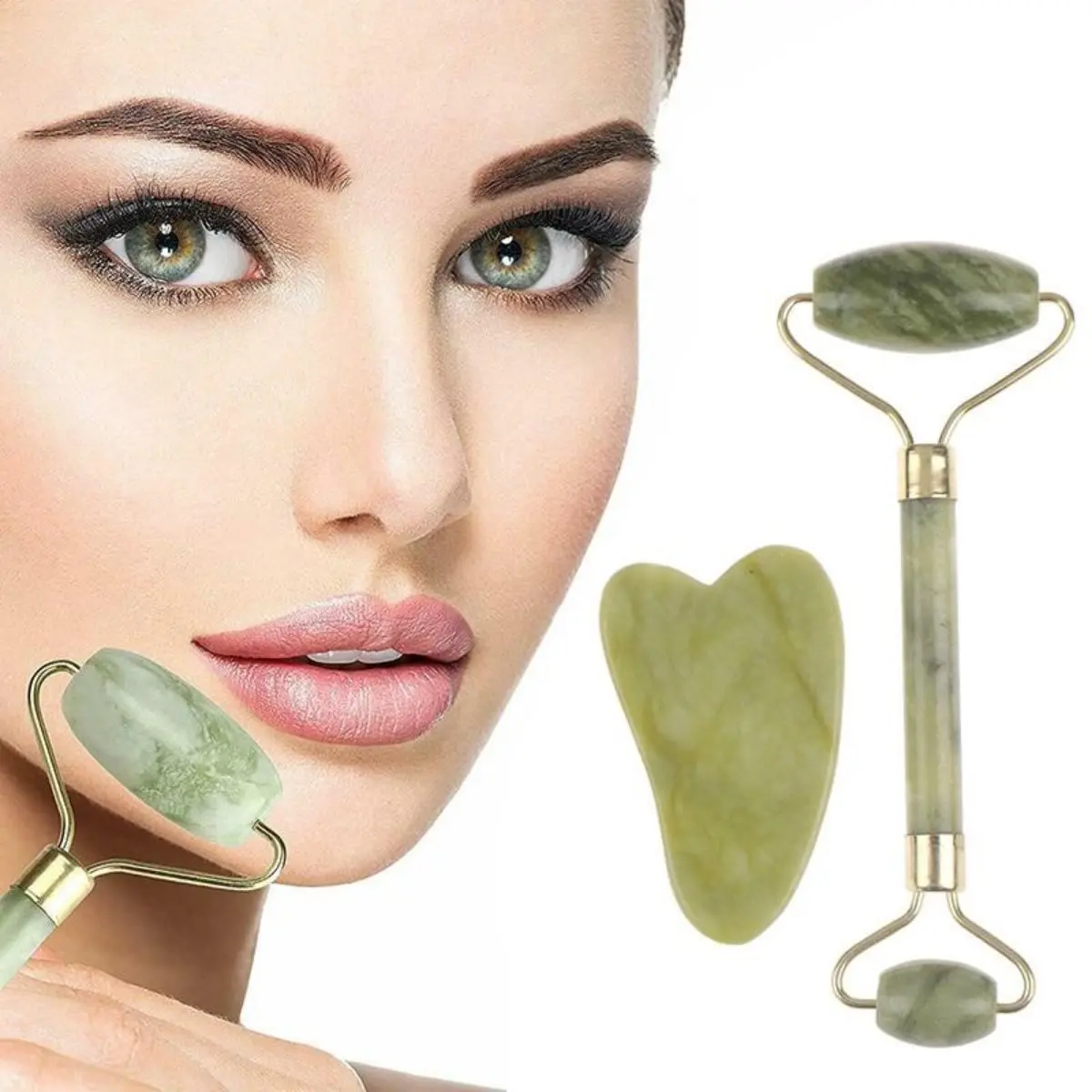 Çift Taraflı 2li Cilt Yüz Masaj Aleti Jade Roller Yeşim Taşı Seti (4745)