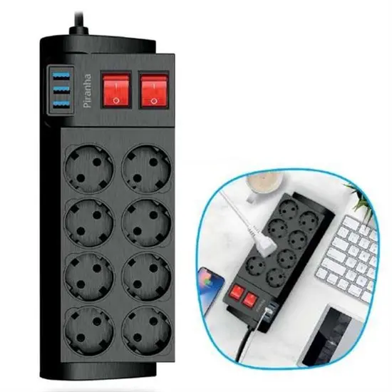 Isıya Dayanıklı Termal Akım Korumalı 2 Metre 16A 4000W 8li Priz ve 3 Usb Li Uzatma Kablosu (4745)