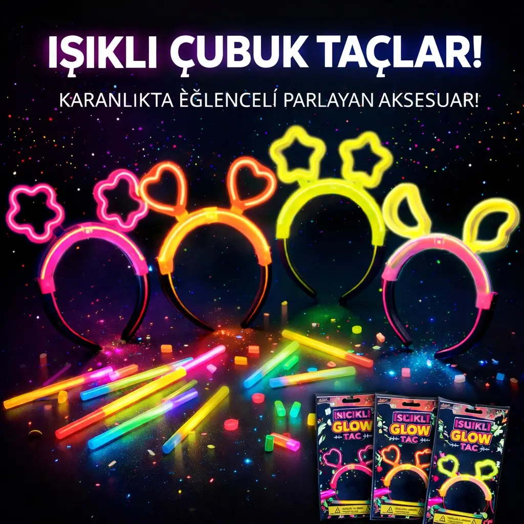 Karanlıkta Parlayan Glow Taç Seti 12 Adet – Yıldız Kalp Ay Çiçek (Her Model 3 Adet) (4745)