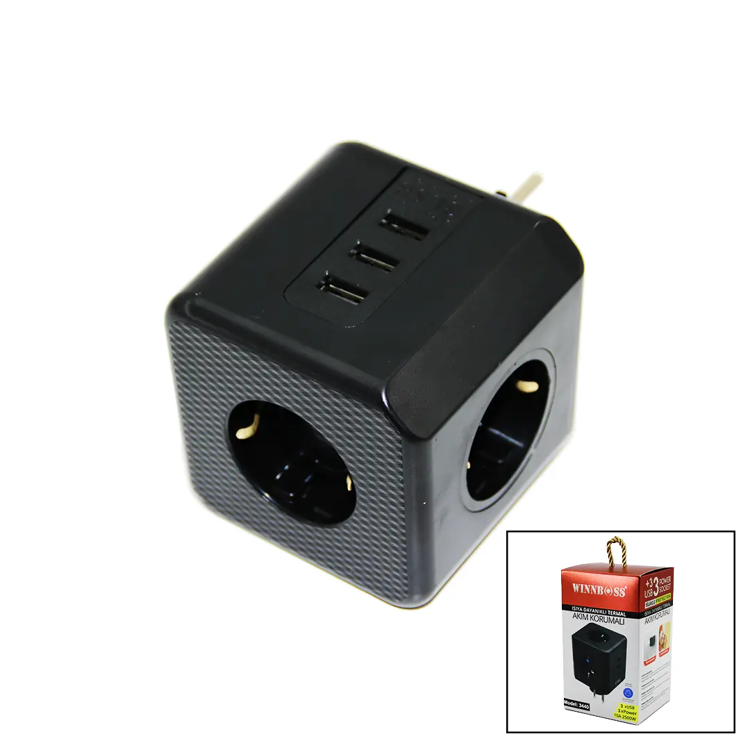 TERMAL AKIM KORUMALI  3X PRİZ 3X USB DUVAR TİPİ PRİZ SİYAH 10A - 2500W (4745)