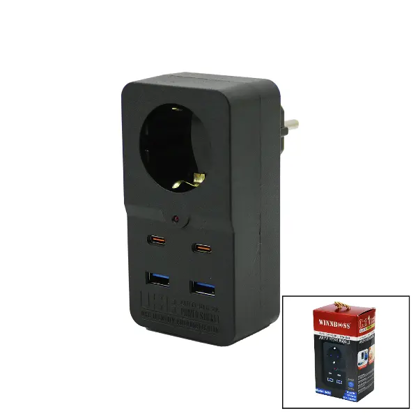 TERMAL AKIM KORUMALI 1XPRİZ 2X USB 2X TYPE-C DUVAR TİPİ PRİZ SİYAH 10A - 2500W (4745)