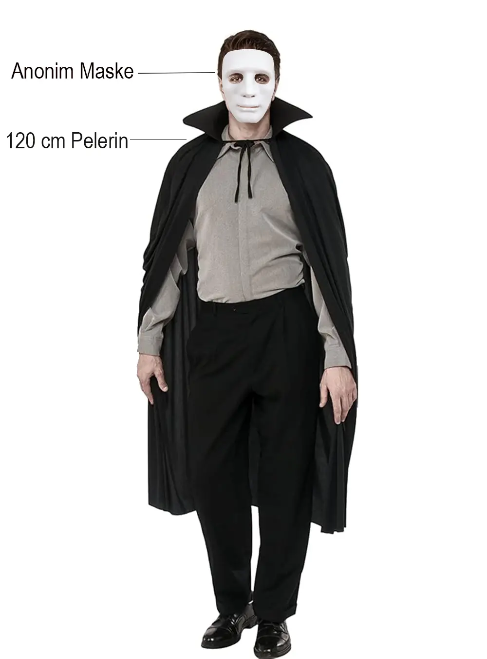 Siyah Renk Yakalı 120 cm Pelerin ve Beyaz Anonim Maske (4745)
