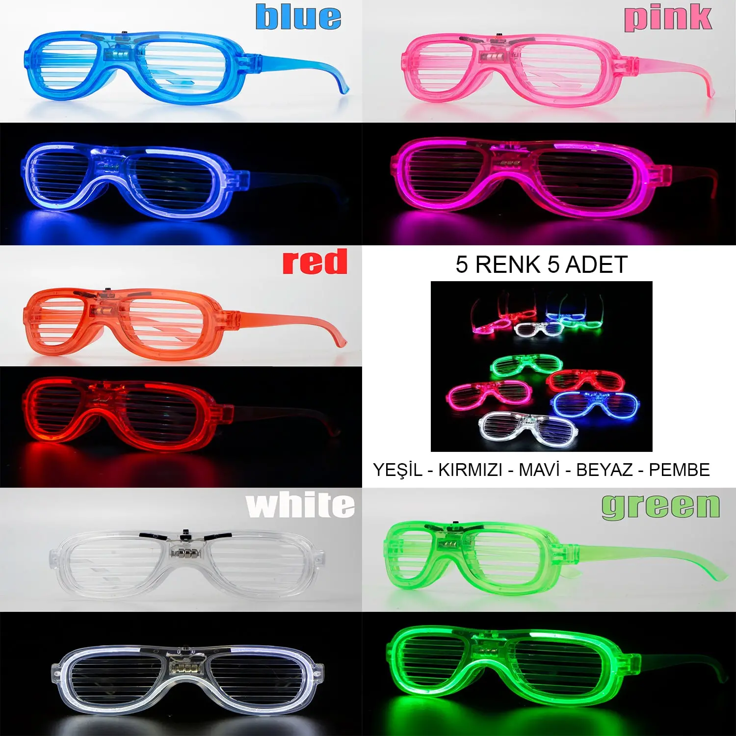 Glow Model Led Işıklı Parti Gözlüğü 3 Modlu 5 Renk 5 Adet (4745)