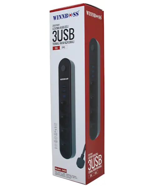 TERMAL AKIM KORUMALI 4LÜ PRİZ 3XUSB 2MT ANAHTARLI UZATMA KABLO SİYAH 10A - 2500W (4745)