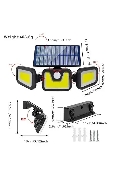 Üçlü Solar Led Projektör – Beyaz Işık – Sensörlü Dış Mekân Aydınlatma (4745)