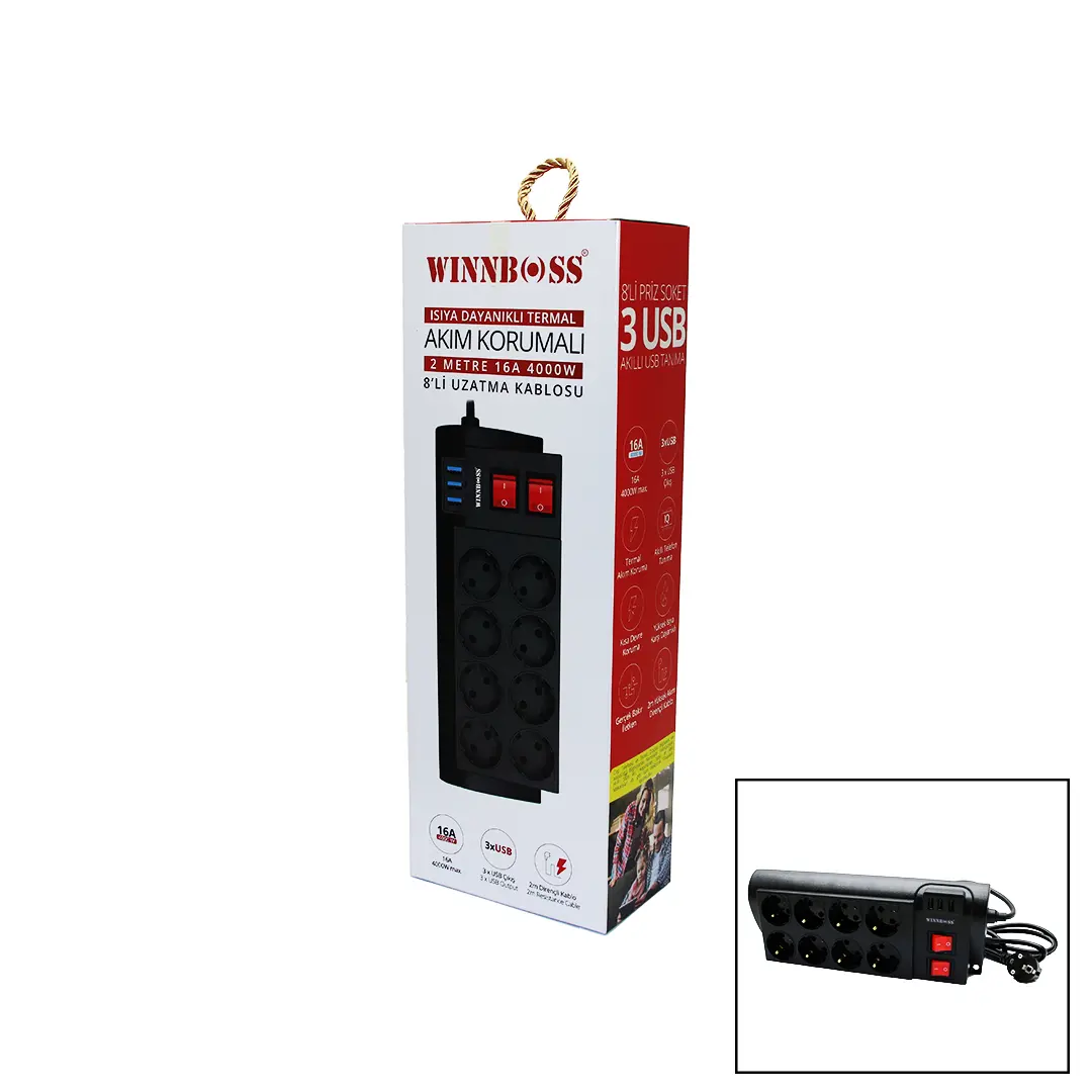 TERMAL AKIM KORUMALI 16A 8Lİ PRİZ 3XUSB 2MT ANAHTARLI UZATMA KABLO SİYAH (4745)