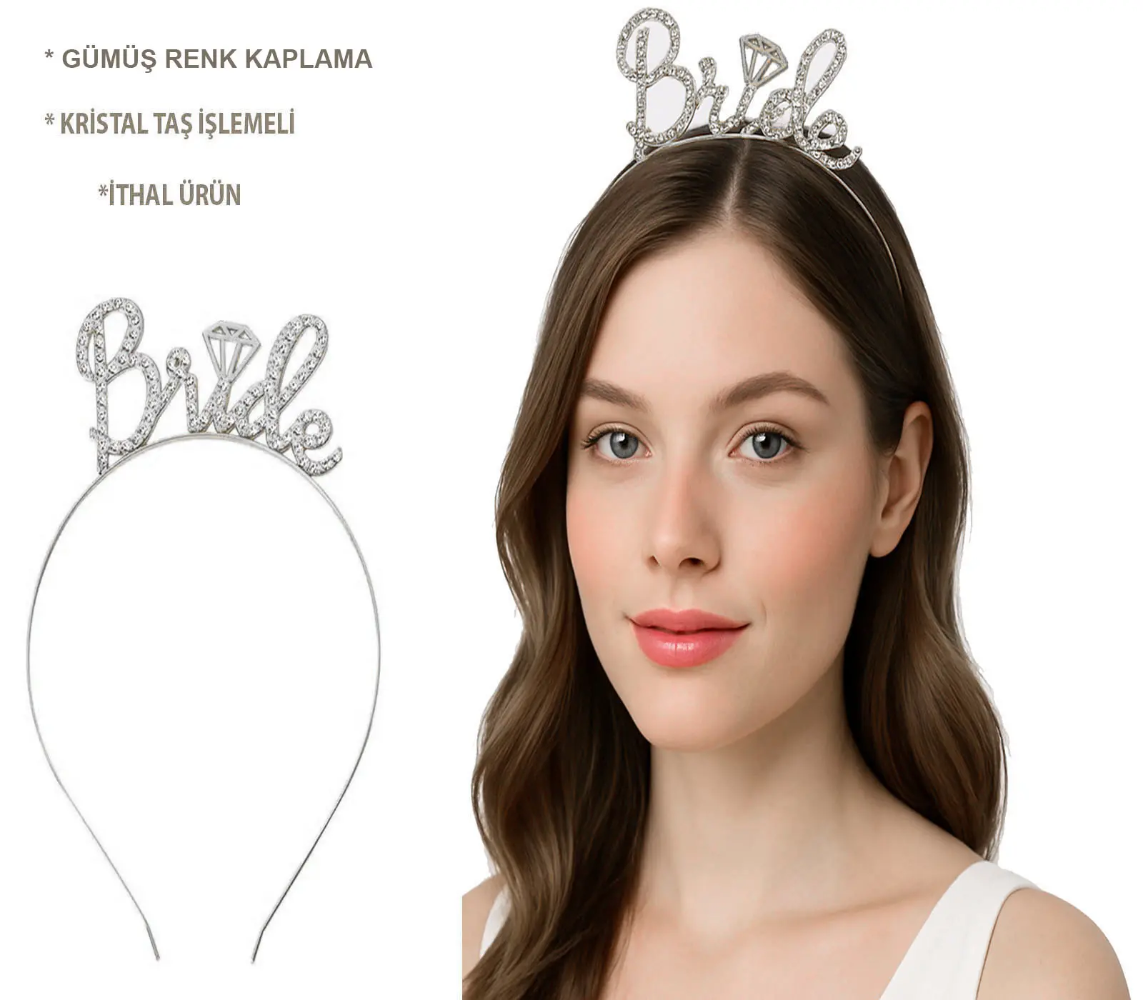 Gümüş Renkli Taşlı “Bride” Gelin Tacı – El Yazısı Yazı Tipiyle (4745)