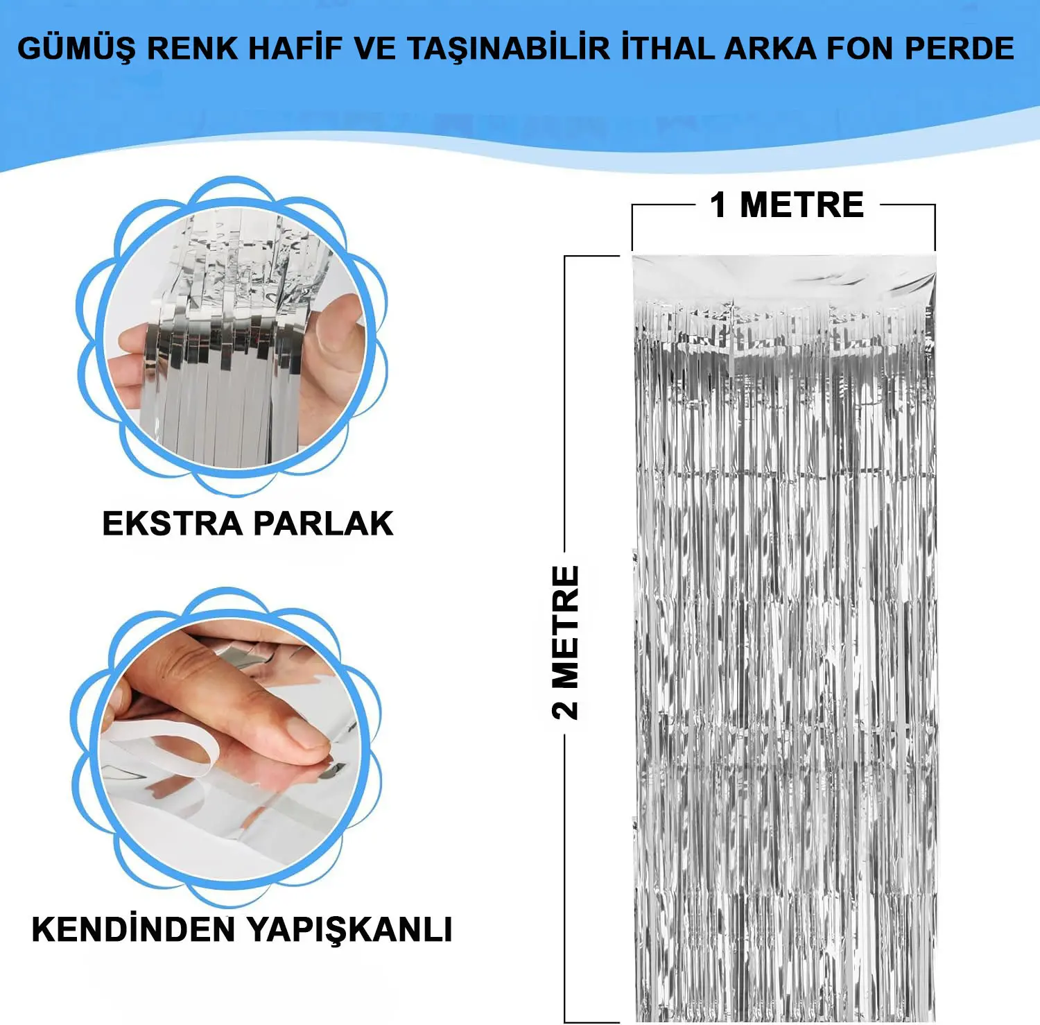 Gümüş Renk Ekstra Metalize Parlak Saçaklı Arka Fon Perde İthal A Kalite 1x2 Metre (4745)