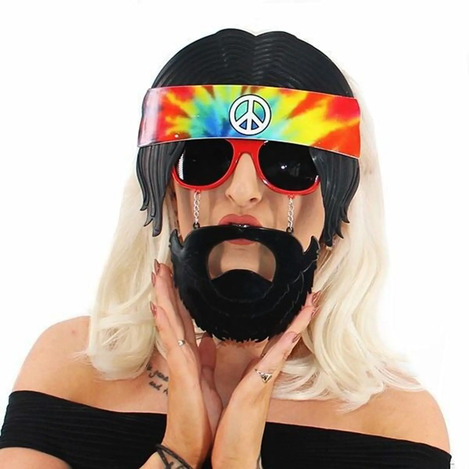 Siyah Saçlı Bandana Tasarımlı Hippi Parti Gözlüğü 26x18 cm (4745)