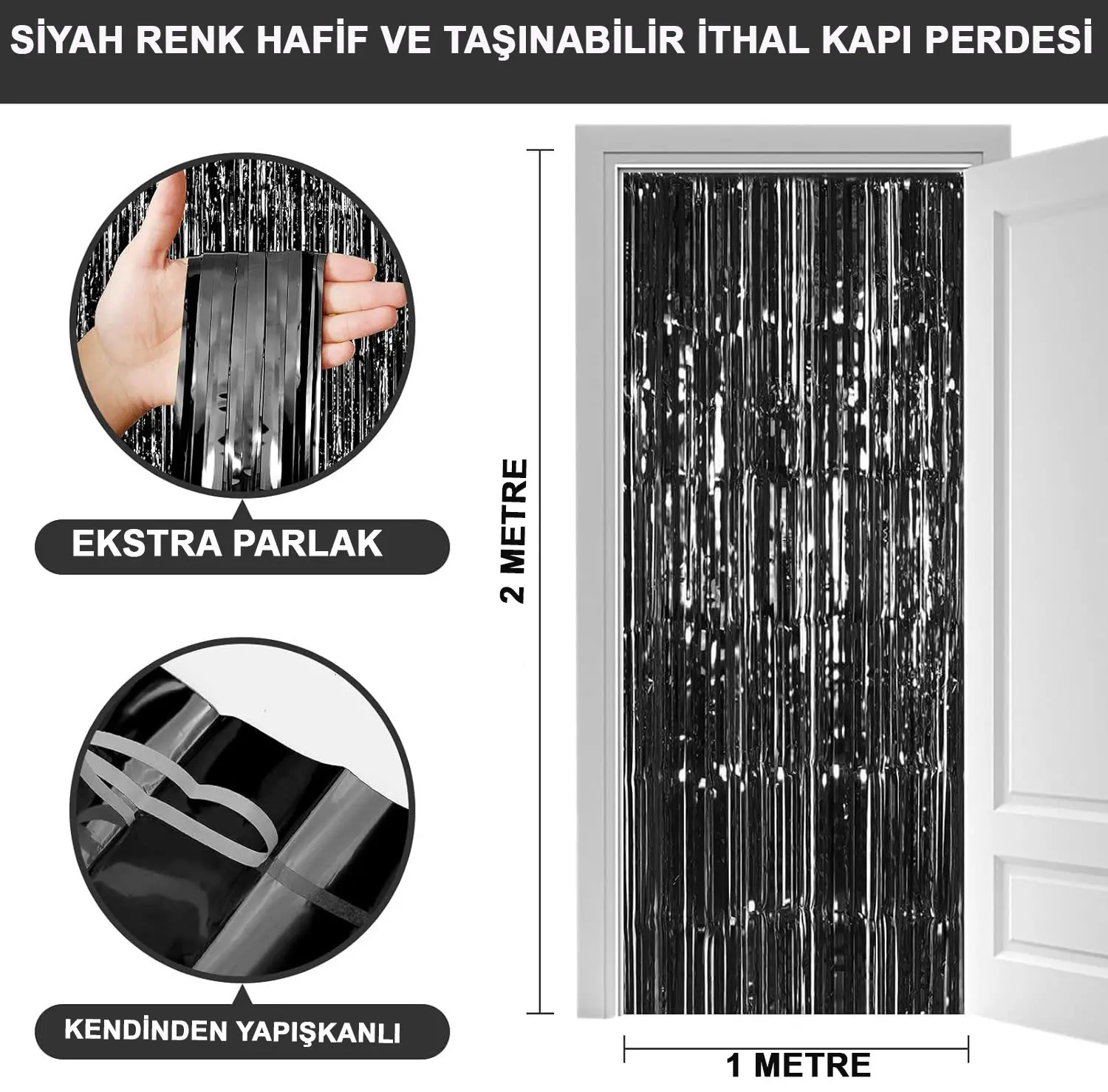 Siyah Renk Ekstra Metalize Parlak Saçaklı Arka Fon Perde İthal A Kalite 1x2 Metre (4745)