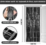 Siyah Renk Ekstra Metalize Parlak Saçaklı Arka Fon Perde İthal A Kalite 1x2 Metre (4745)-1