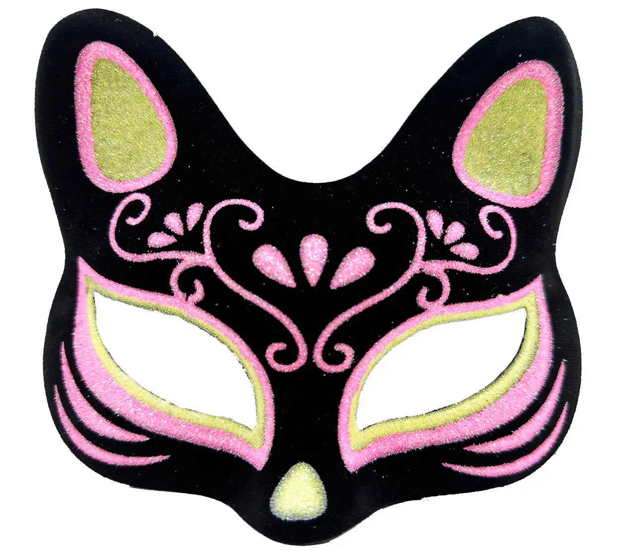 Siyah Renk Süet Kaplama Üzeri Sarı Pembe Simli Kedi Maskesi 17x14 cm (4745)