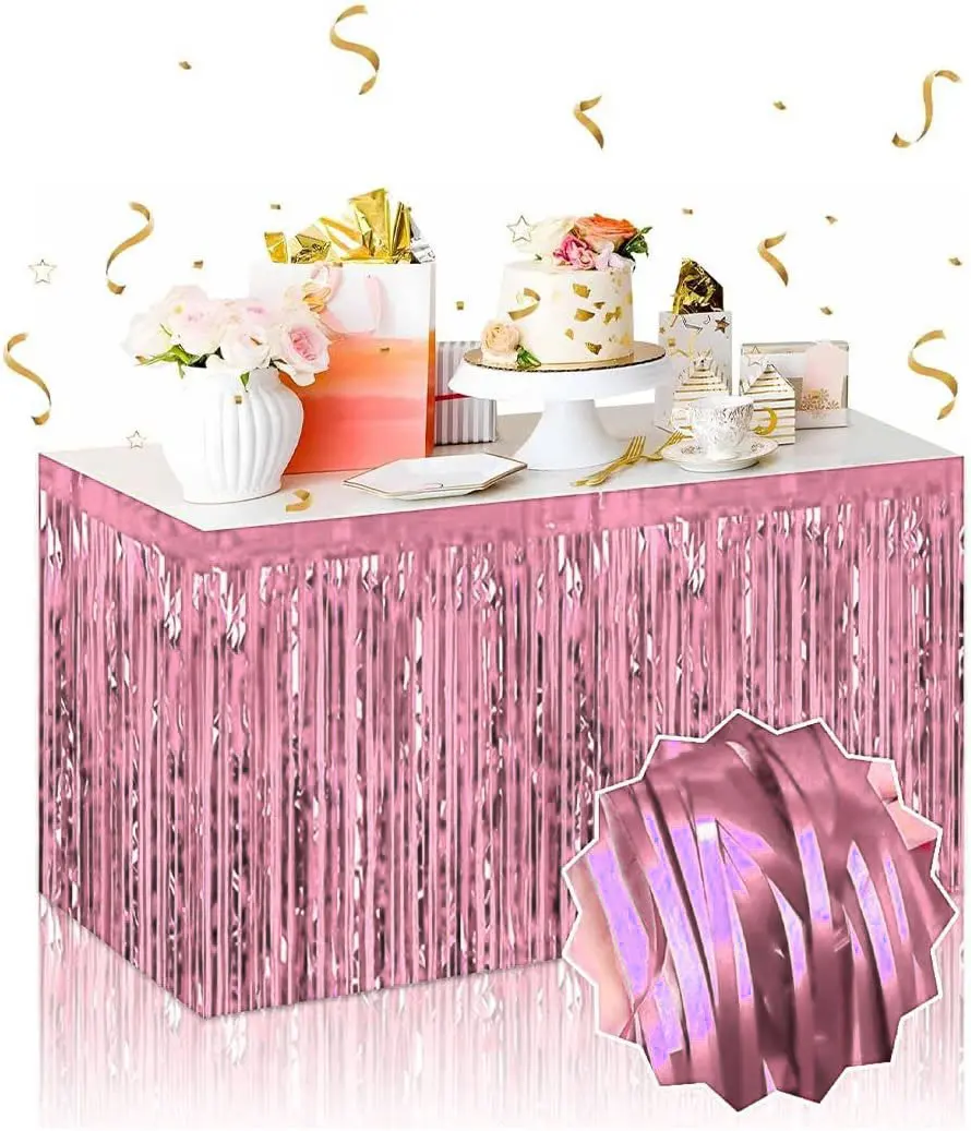 Kendinden Yapışkanlı Rose Gold Metalize Püsküllü Masa Eteği – 75 x 275 cm Parti Süslemesi (4745)