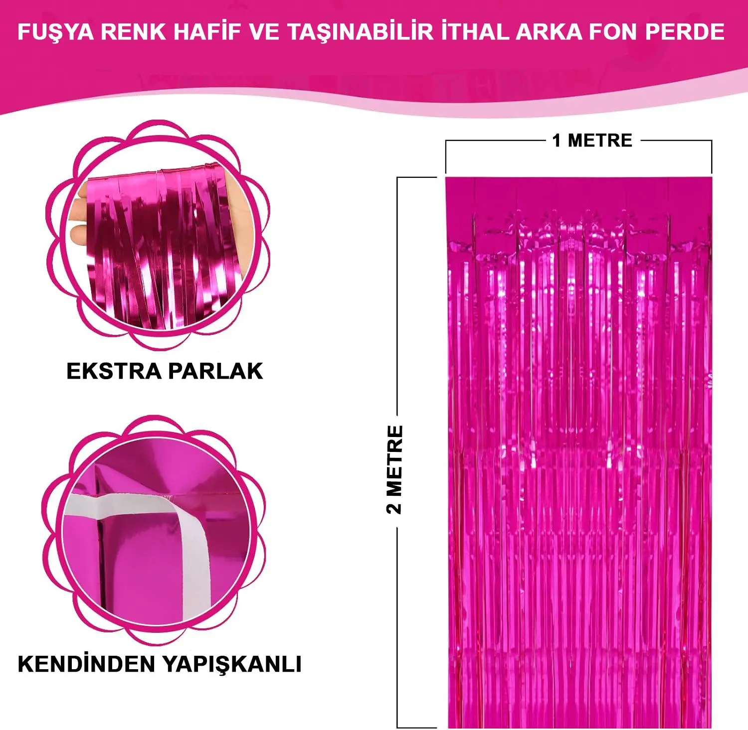Fuşya Renk Ekstra Metalize Parlak Saçaklı Arka Fon Perde İthal A Kalite 1x2 Metre (4745)