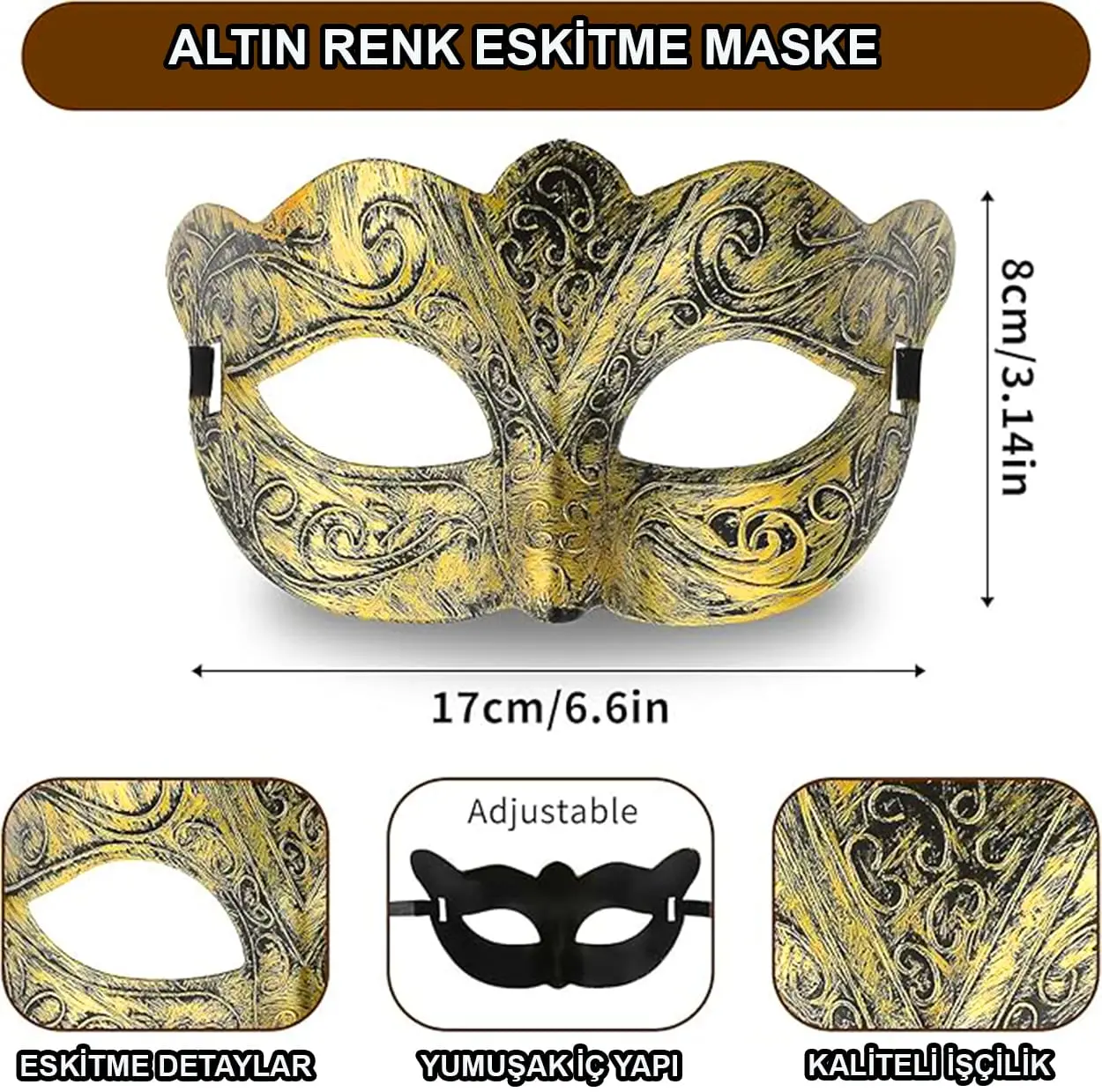 Altın Renk Eskitme Maskeli Balo Maskesi – Venedik Tarzı Parti Maskesi (4745)
