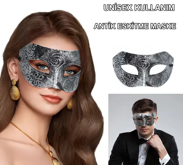 Gümüş Eskitme Yüz Maskesi - Antik Tarz Balo Maskesi (4745)