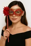Lüks Taşlı Saplı Maskeli Balo Maskesi Kırmızı Renk 35 cm (4745)-1