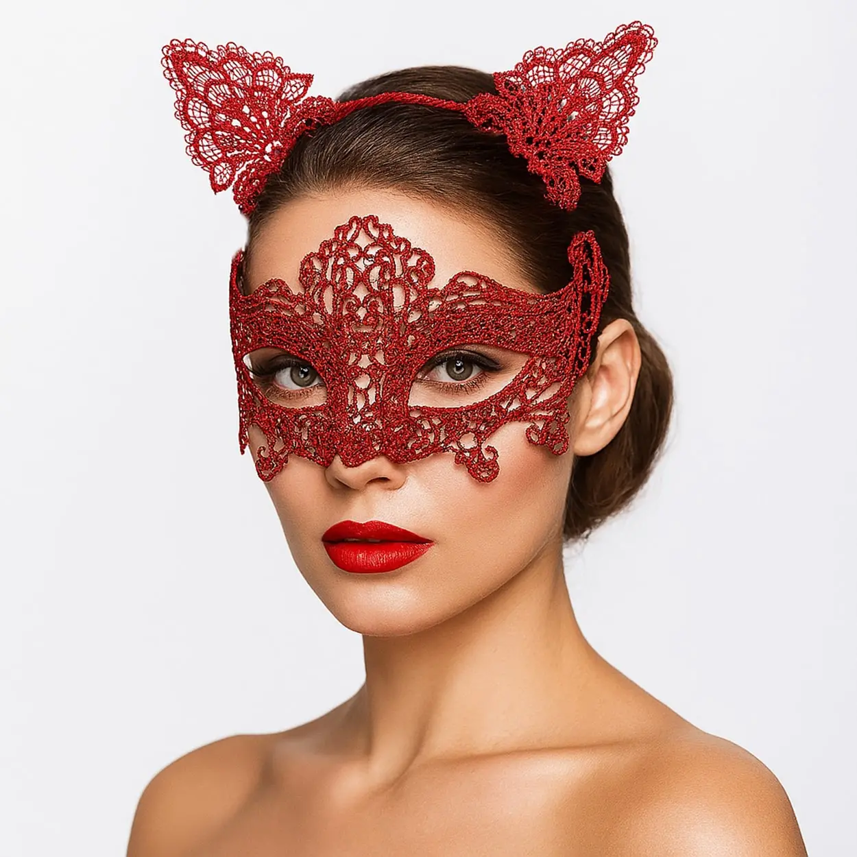 Romantik Kırmızı Dantel Maske Seti – Kedi Kulaklı Taç ve Maske 3 No (4745)