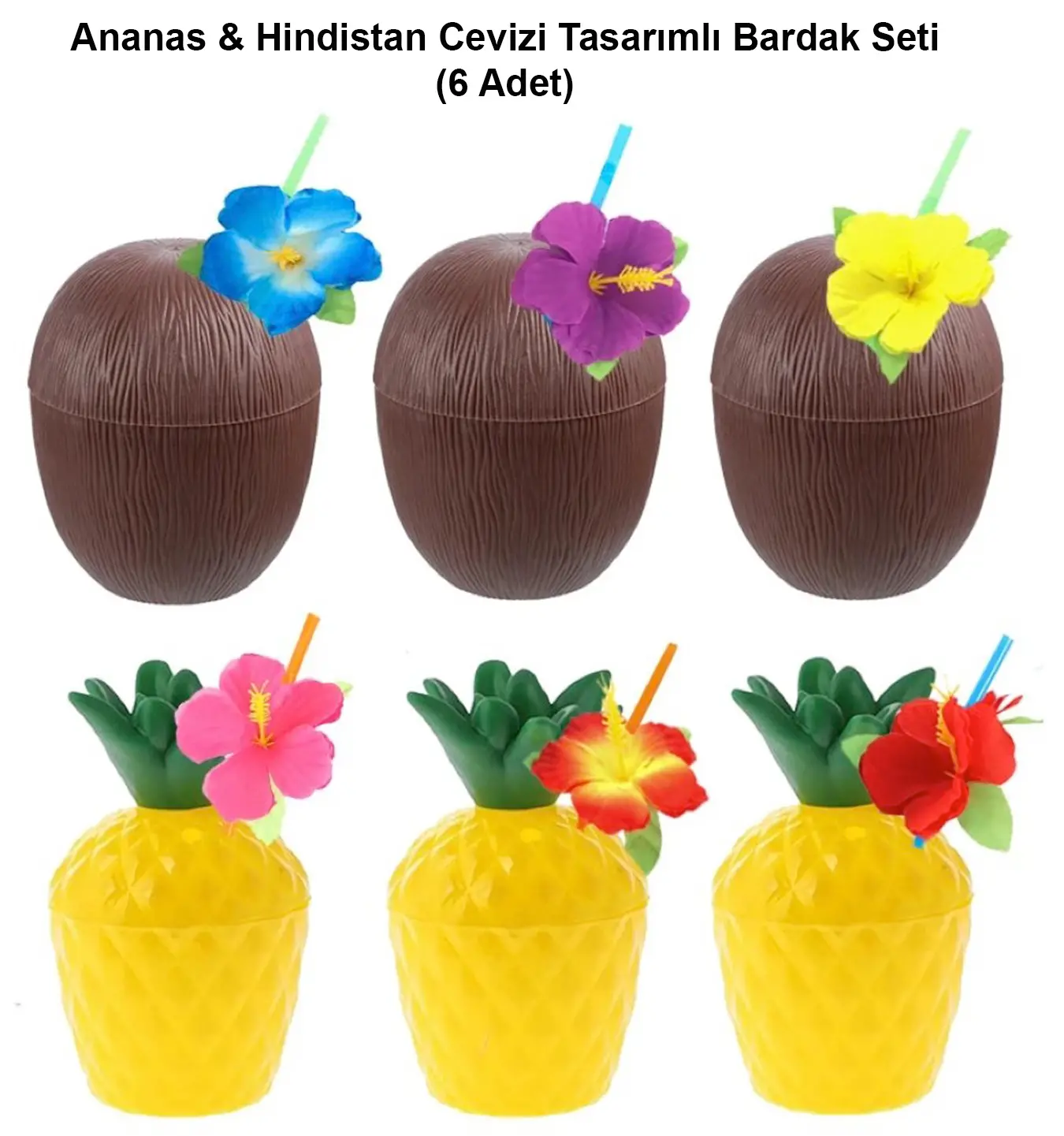 Ananas &amp;amp;amp; Hindistan Cevizi Tasarımlı Pipetli Bardak Seti (6 Adet) (4745)