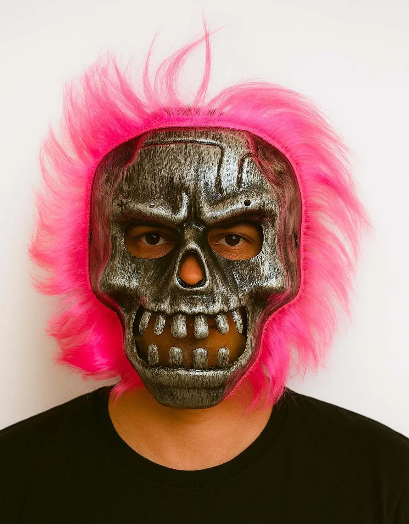 Wild Skull - Gümüş Kafatası Pembe Saçlı İskelet Maske (4745)