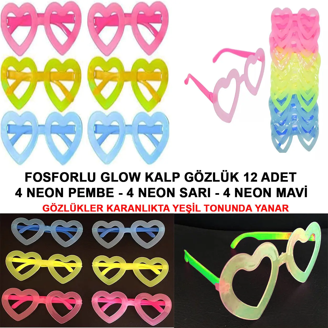 Fosforlu Kalp Model Glow Parti Gözlüğü Karanlıkta Yanan Gözlükler 12 Adet (4745)