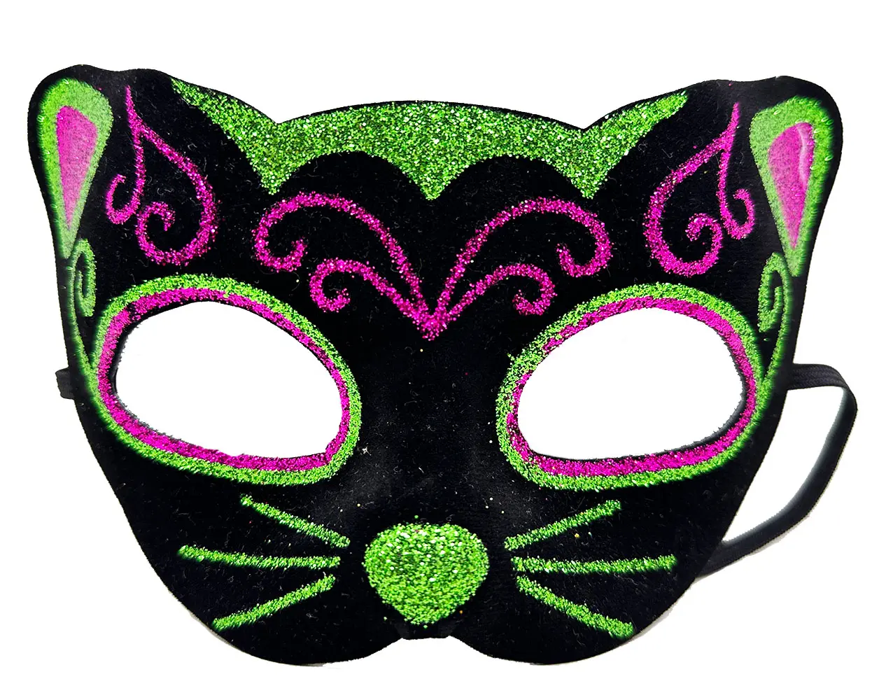Siyah Kadife Kaplama Üzeri Pembe Yeşil Sim İşlemeli Kedi Maskesi 20x13 cm (4745)
