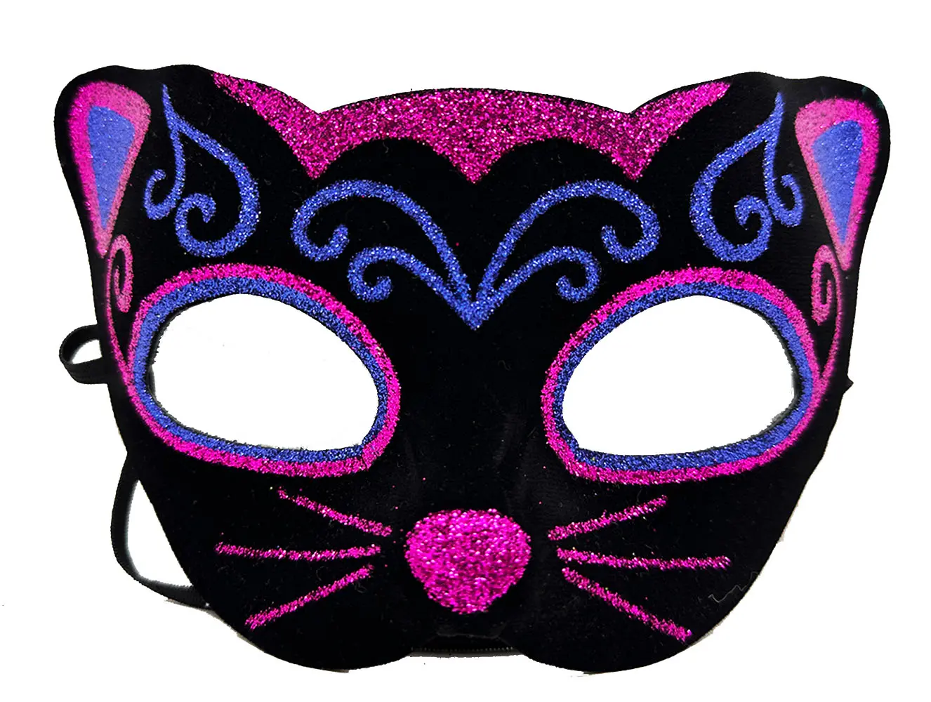 Siyah Kadife Kaplama Üzeri Pembe Mavi Sim İşlemeli Kedi Maskesi 20x13 cm (4745)