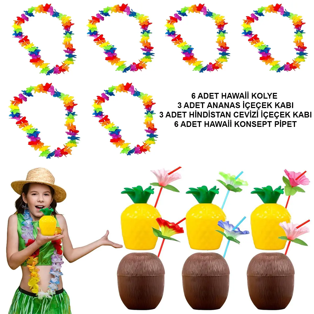 Tropikal Hawaii Parti Malzemeleri – Kolye, Pipet, Bardak Seti (4745)